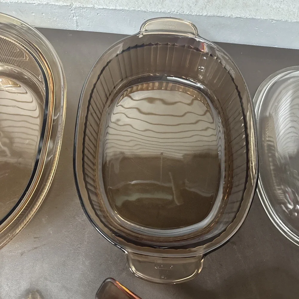 VTG‎ CORNING VISION PYREX 6 Piece Amber & 1 Piece Clear Lid Roasting Pan Pot Pie